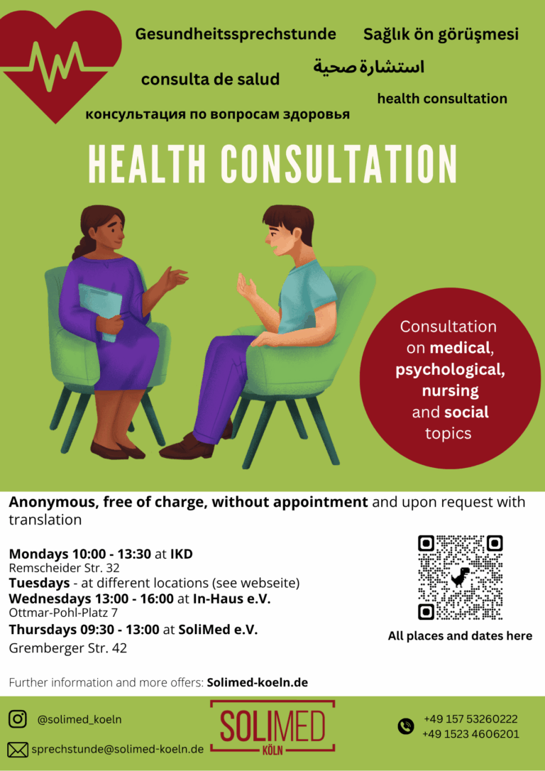 Flyer für die Gesundheitssprechstunde. Wenn du hier klickst wirst du auf die Seite weitergeleitet auf der in Schriftform alle Informationen auf verschiedenen Sprachen stehen.