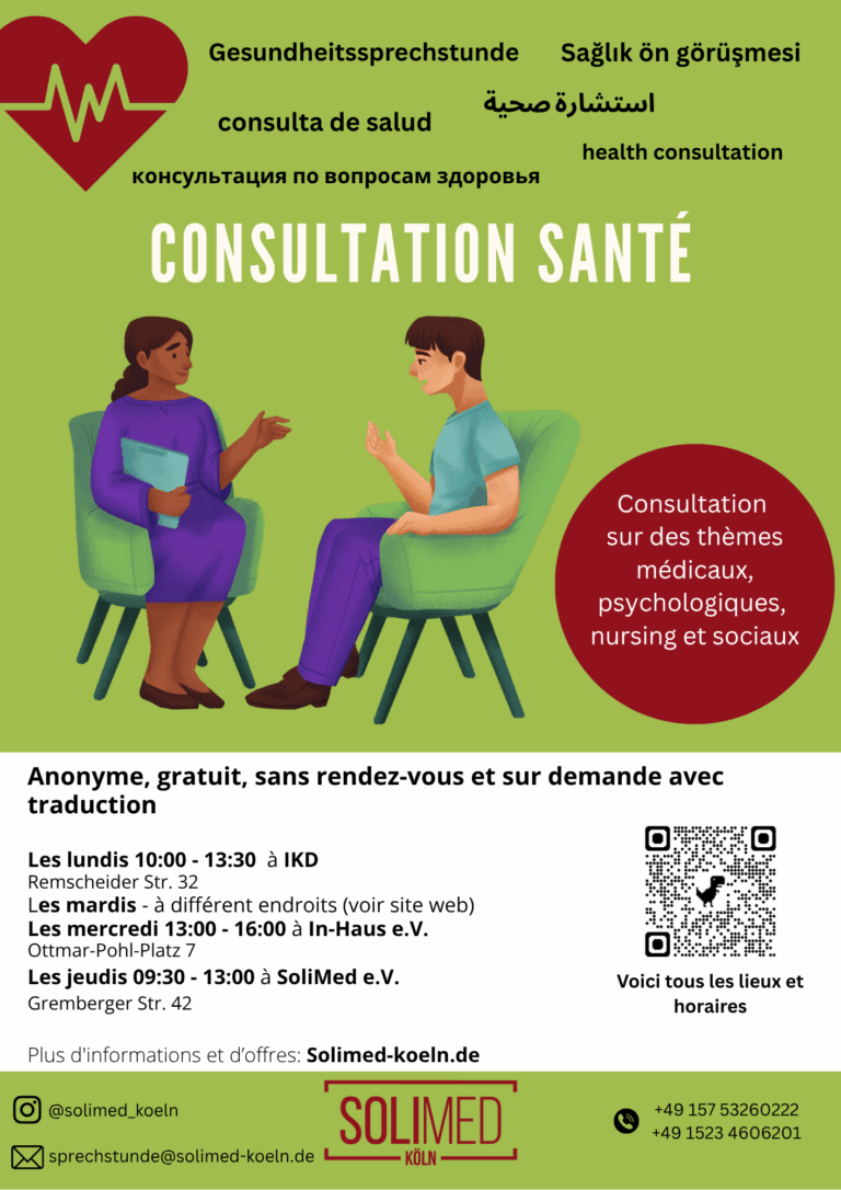 Flyer für die Gesundheitssprechstunde. Wenn du hier klickst wirst du auf die Seite weitergeleitet auf der in Schriftform alle Informationen auf verschiedenen Sprachen stehen.