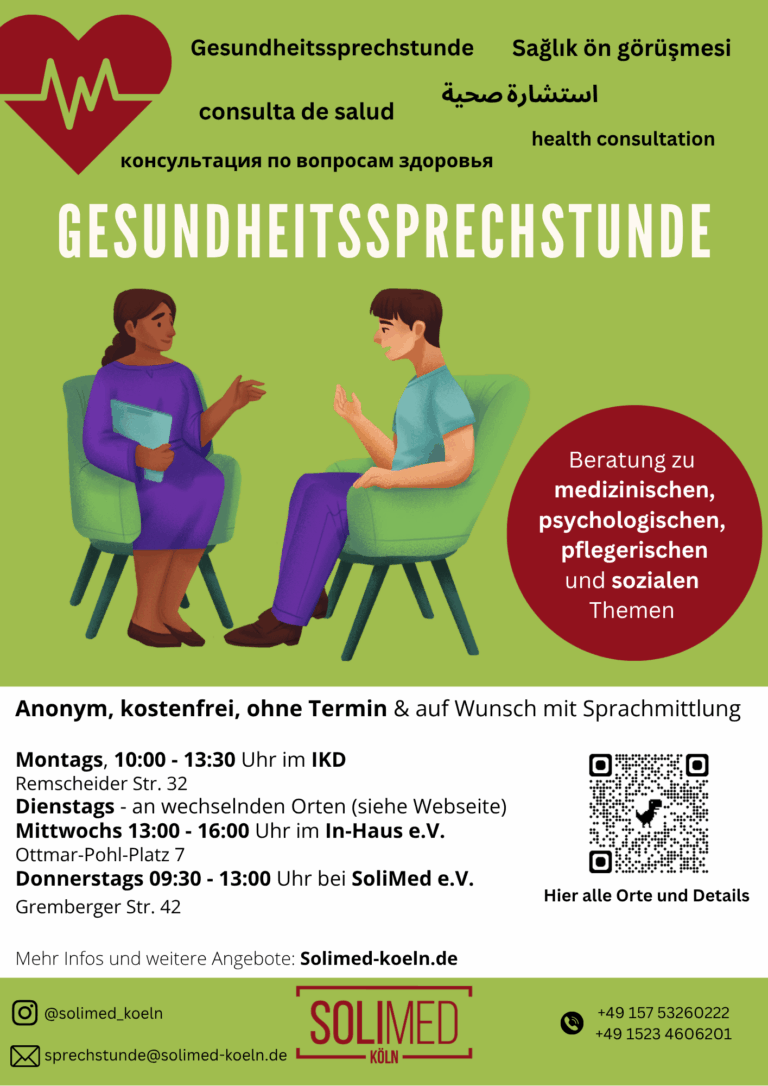 Flyer für die Gesundheitssprechstunde. Wenn du hier klickst wirst du auf die Seite weitergeleitet auf der in Schriftform alle Informationen auf verschiedenen Sprachen stehen.