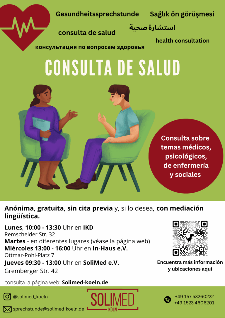 Flyer für die Gesundheitssprechstunde. Wenn du hier klickst wirst du auf die Seite weitergeleitet auf der in Schriftform alle Informationen auf verschiedenen Sprachen stehen.